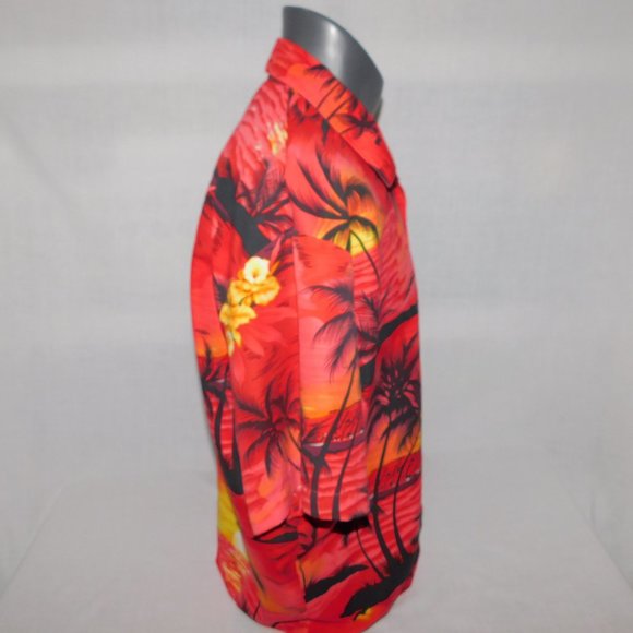 VTG Y2k AIR EAGLE Mens L Red Yellow Sunset Palm Trees Hawaiian Shirt - Picture 9 of 12